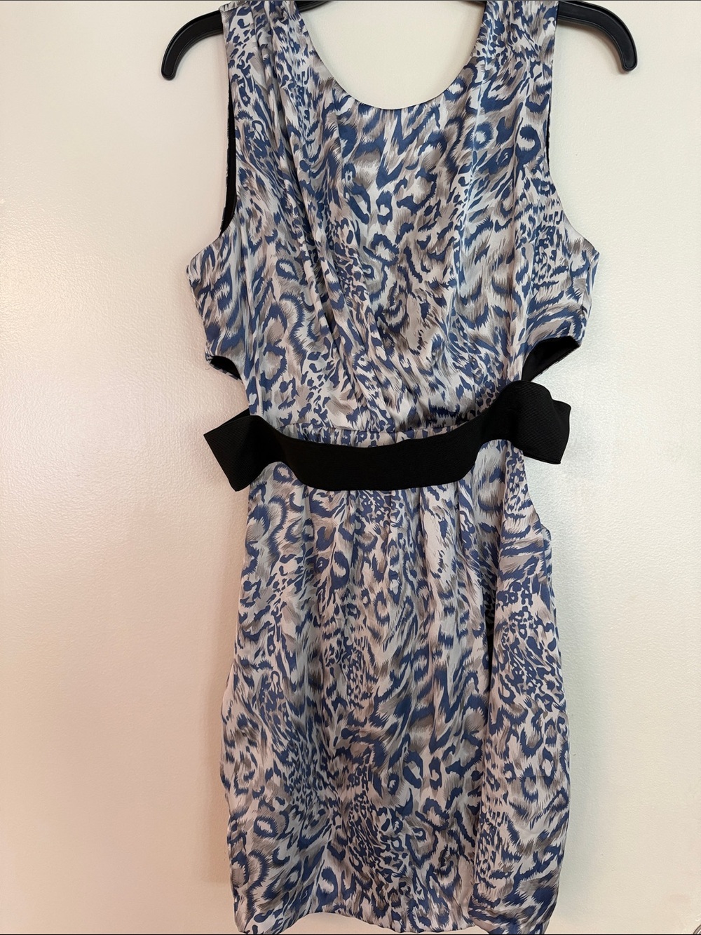 Blue and White Leopard Print Sleeveless Dress with Black Waistband